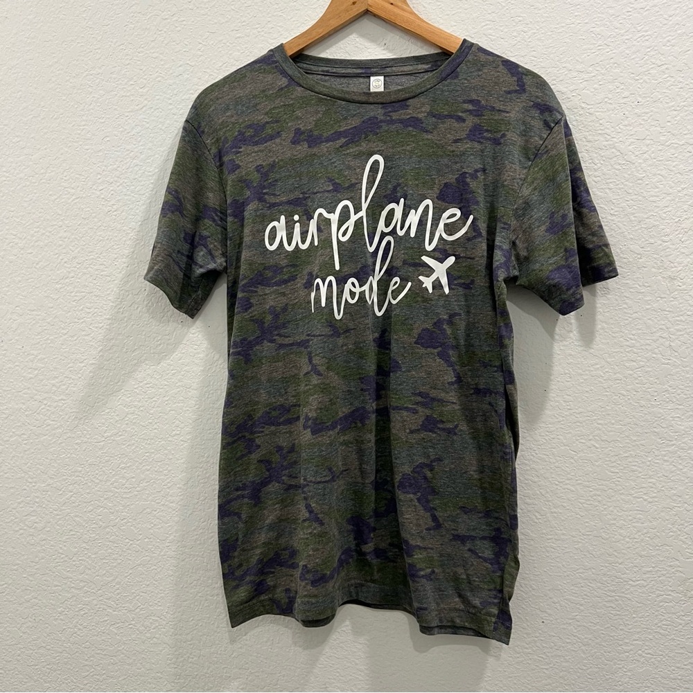 Women’s novelty tee Airplane Mode camo with whiter‎ script Size M